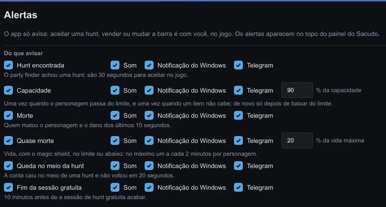 Configuração de alertas: som, notificação do Windows e Telegram por tipo de alerta