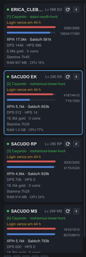 Cards de personagem com XP/h, Saldo/h e DPS