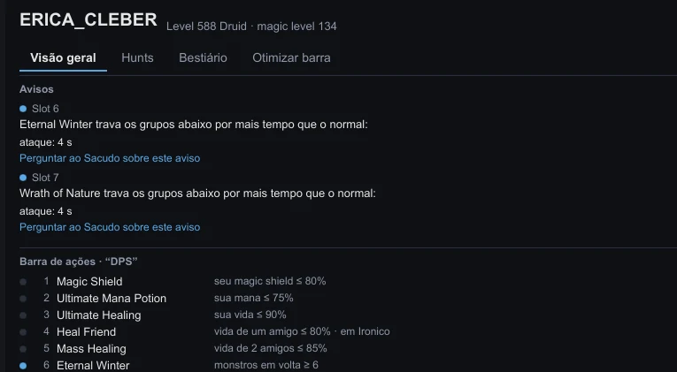Visão geral do personagem com avisos da barra